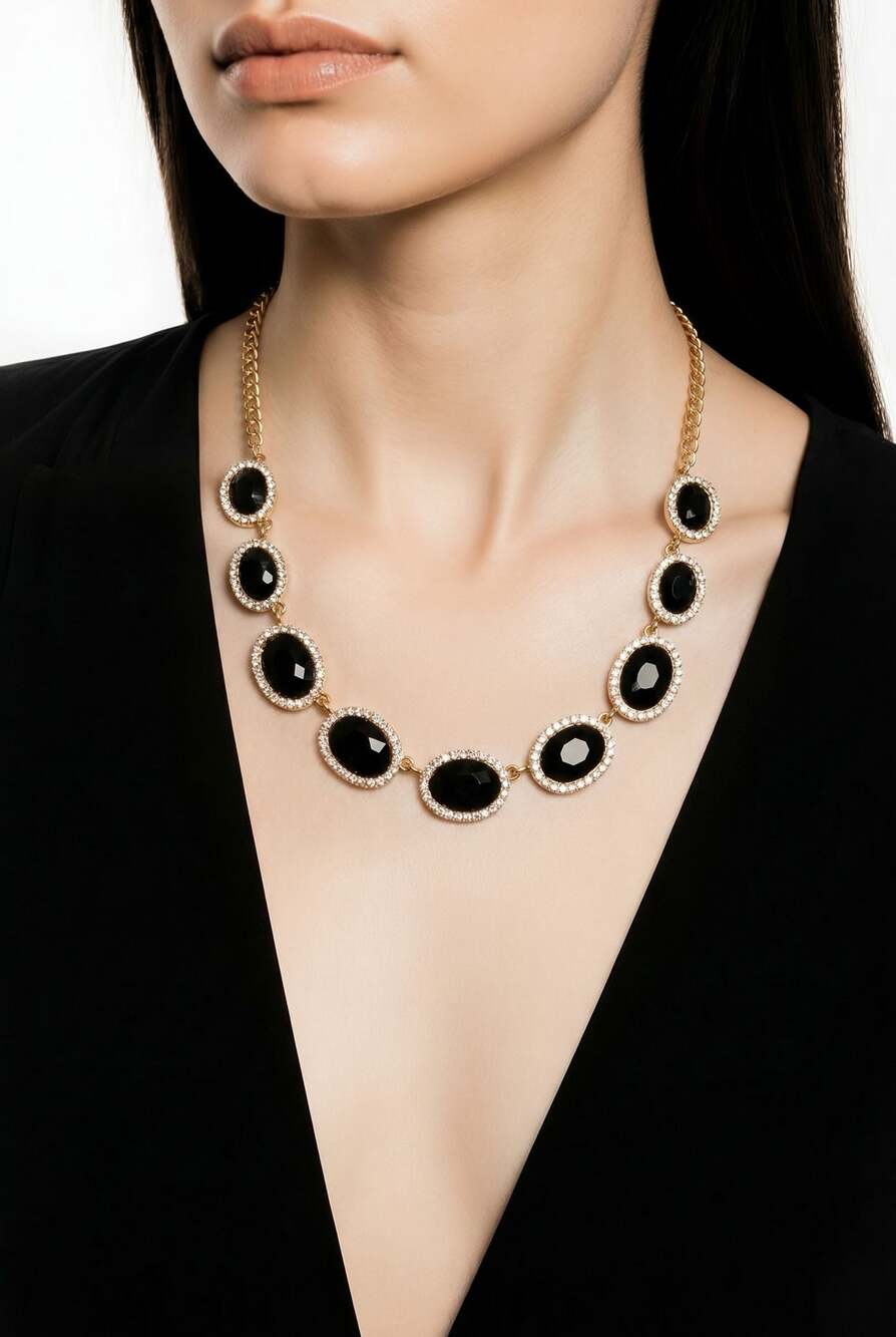 Natasha Gold Tone Oval Black Stone Statement Necklace